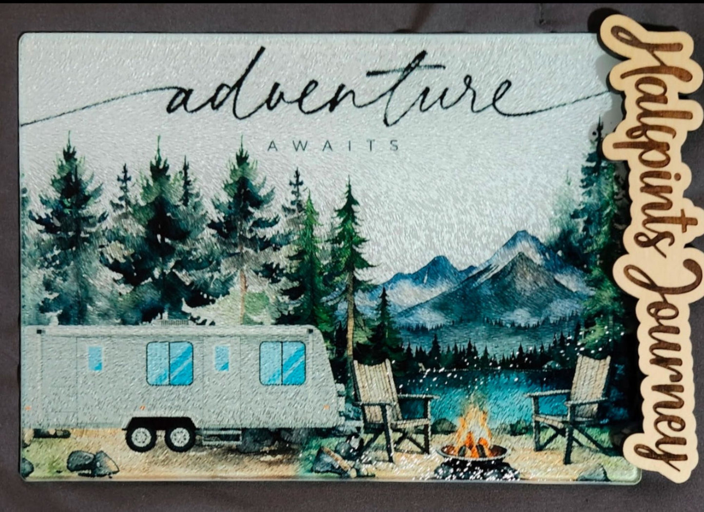 Adventure Awaits Glass Cutting Board | Camper, Campfire & Lake Rustic Decor