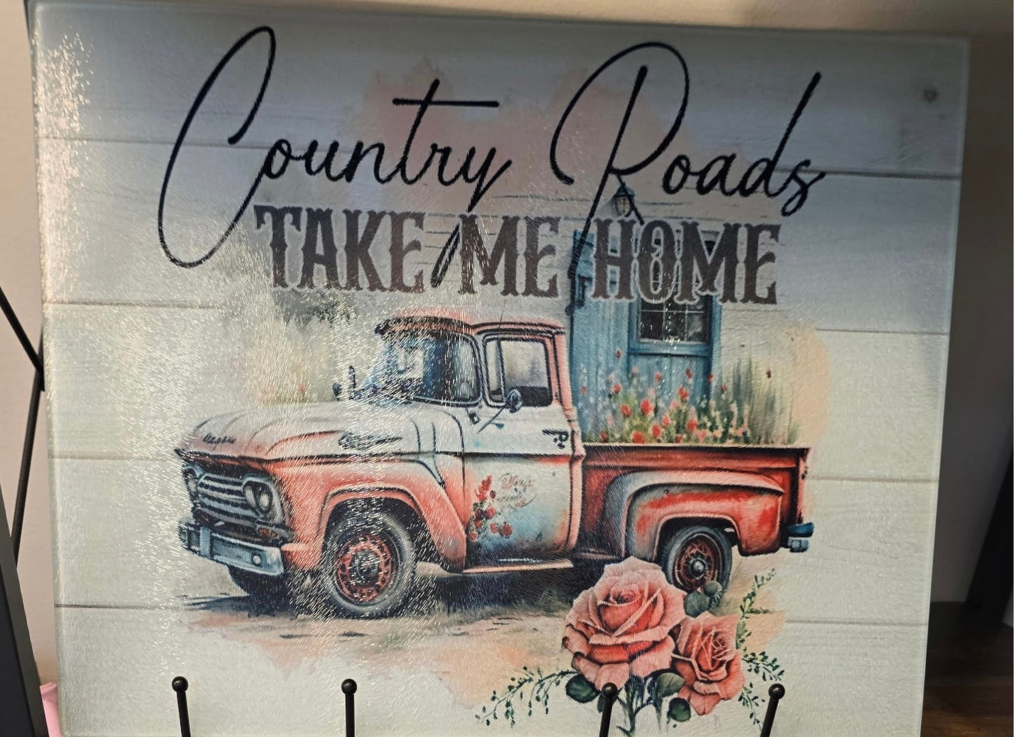 Country Roads Take Me Home Glass Cutting Board | Rustic Pickup Truck & Floral Decor