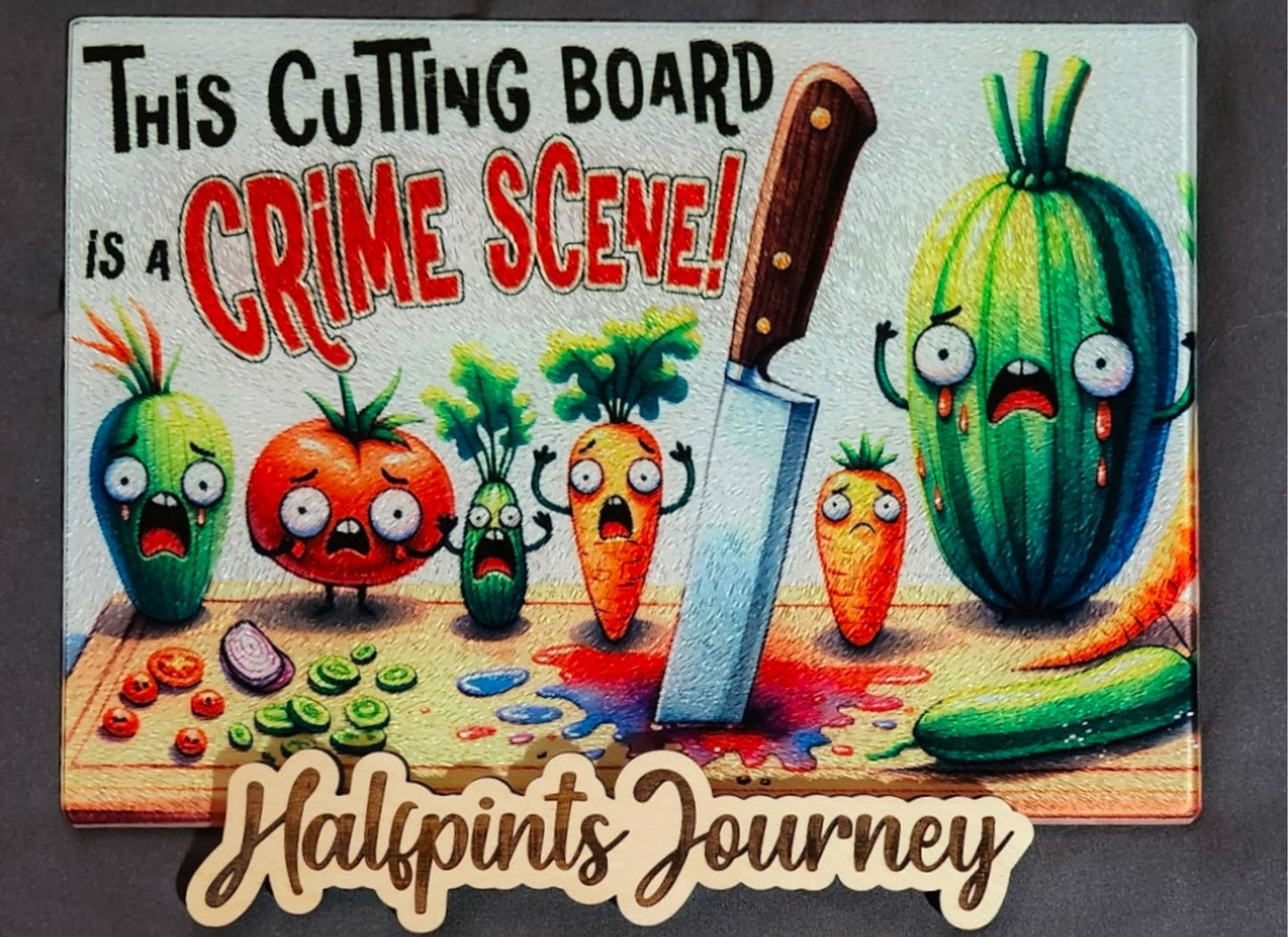 Crime Scene Glass Cutting Board | Funny Kitchen Decor with Knife & Veggies