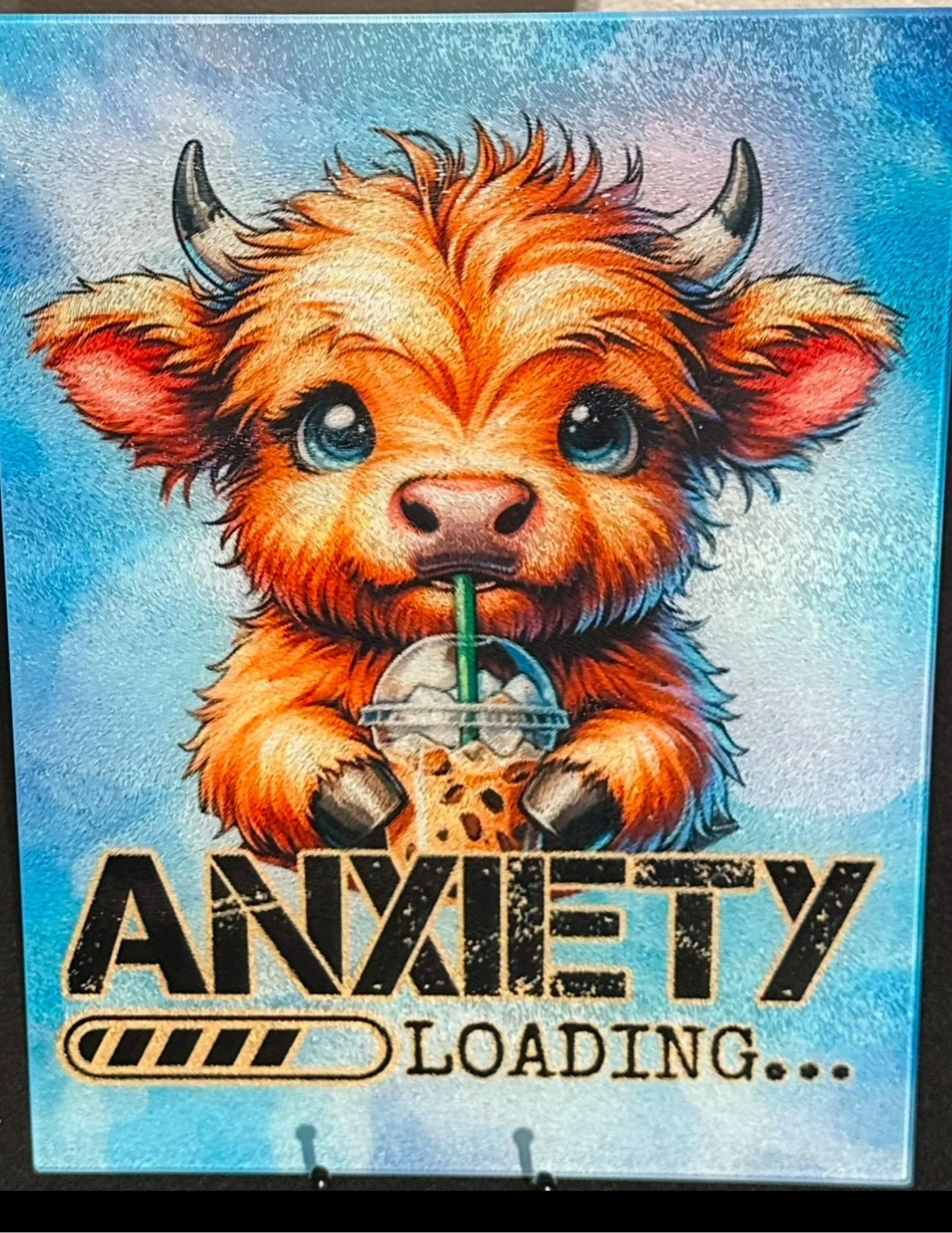 Highland Cow Anxiety Loading Glass Cutting Board | Farmhouse Decor